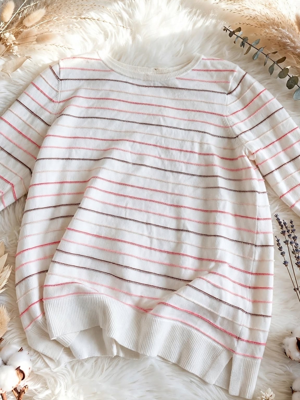Apt. 9 Cream Striped Long-Sleeve Sweater with Pink and Brown Lines